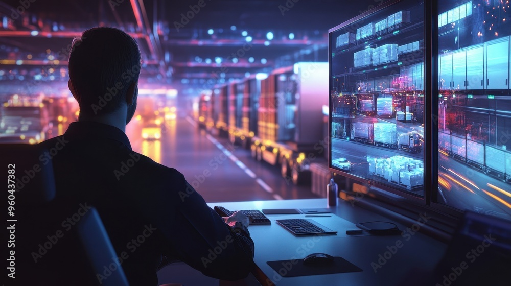 Silhouette of Person in Control Room Monitoring Multiple Screens Silhouette of Person in Control Room Monitoring Multiple Screens