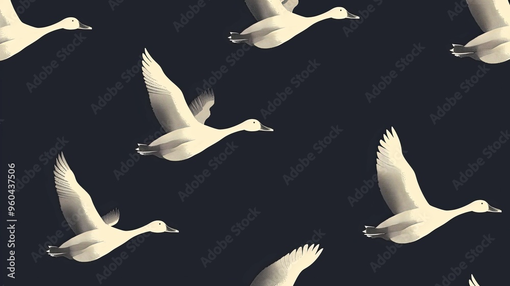 Fototapeta premium White Geese Flying in Formation Against a Dark Background