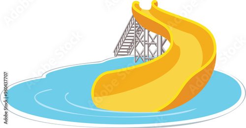 This illustration features a yellow water slide emerging from a swimming pool, perfect for projects related to summer fun, water parks, and vacations