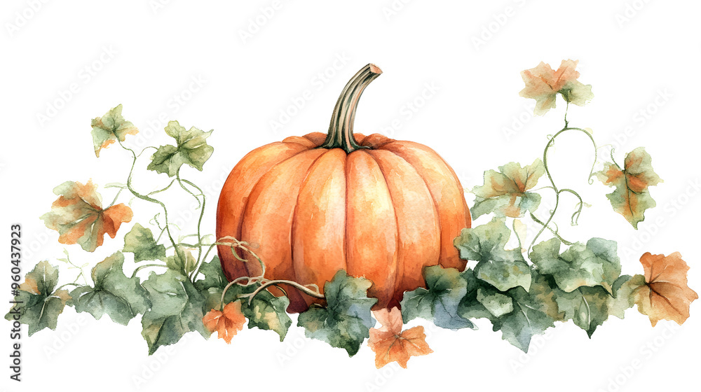 Watercolor Pumpkin with Vines and Leaves Watercolor Pumpkin with Vines and Leaves