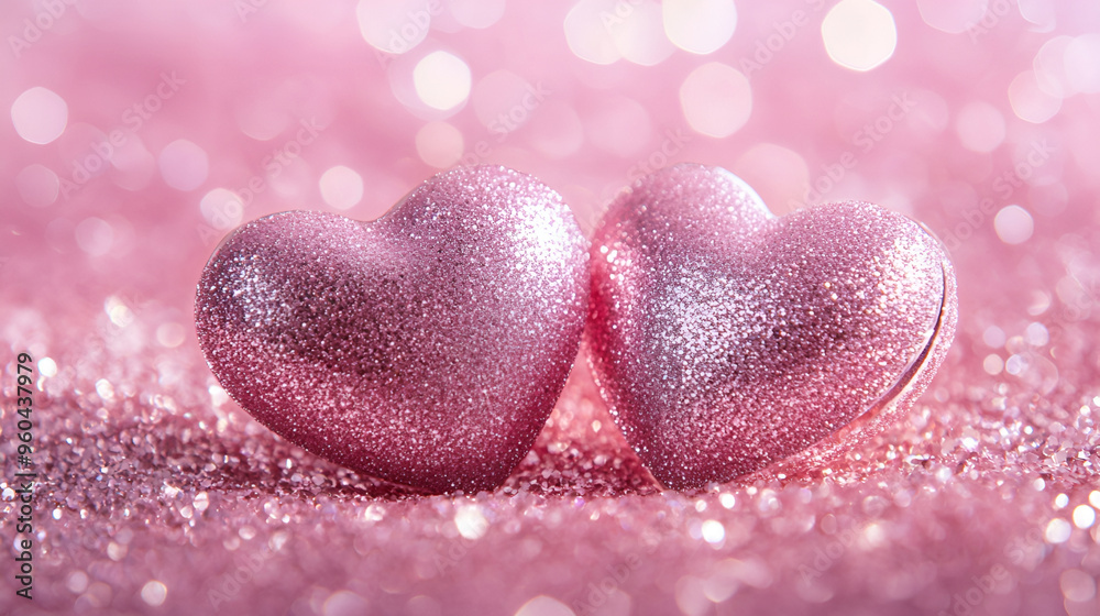 Obraz premium Two sparkling glitter hearts against blurred pink background , Close up of pink glitter hearts on sparkling background , Two Hearts On Shiny Background 