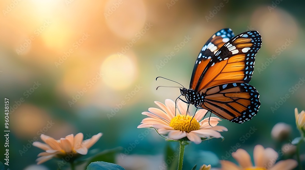 Fototapeta premium A monarch butterfly perches gracefully on a sunlit bloom.