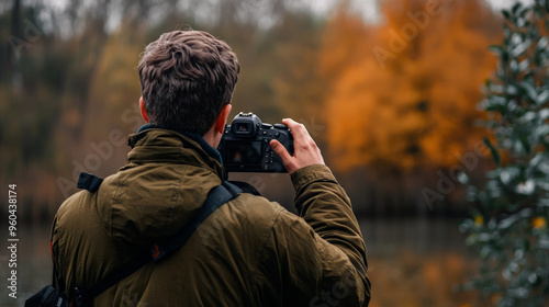 A photographer captures beauty of nature with camera, surrounded by autumn colors.