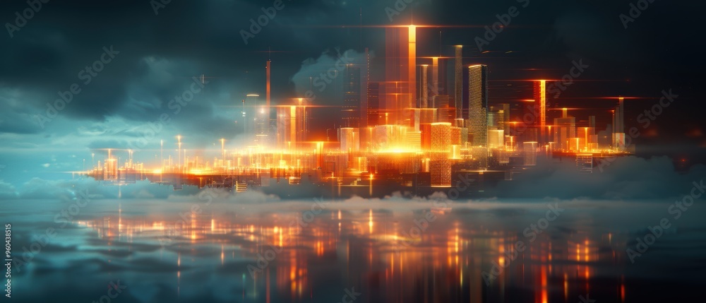 Fototapeta premium Ethereal Dreamscape: Surreal Sky with Glowing Clouds and Floating Cities