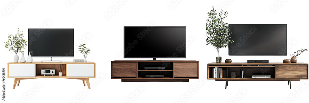 Set of A modern TV stand featuring a combination of glass and wood, with sleek drawers Isolated on Transparent Background Set of A modern TV stand featuring a combination of glass and wood, with sleek drawers Isolated on Transparent Background