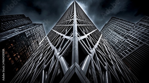 Dramatic, monochrome architectural photography highlighting the grandeur of skyscrapers, documentary, visual impact
