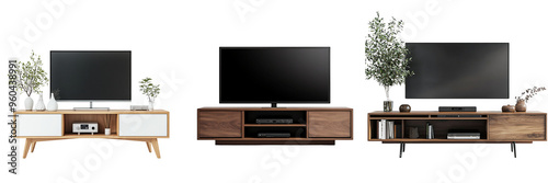 Set of A modern TV stand featuring a combination of glass and wood, with sleek drawers Isolated on Transparent Background