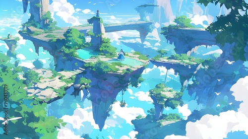 An anime-style illustration of floating islands in a soft, pastel-colored sky. photo