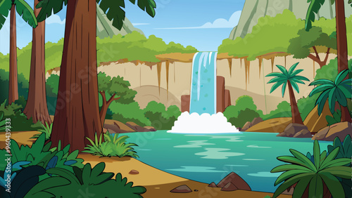 Beautiful waterfall in the tropical forest vector art illustration.