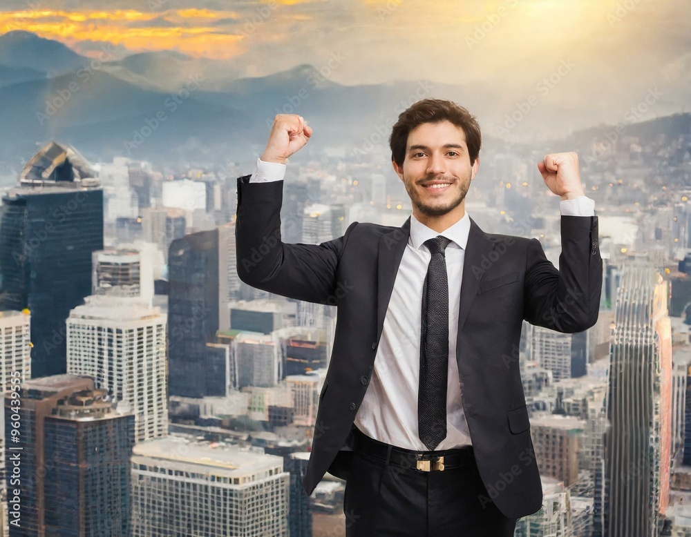 Excited Businessman Raises Hands and Punches Air while Celebrating Successful Deal. Stock Ex Excited Businessman Raises Hands and Punches Air while Celebrating Successful Deal. Stock Ex