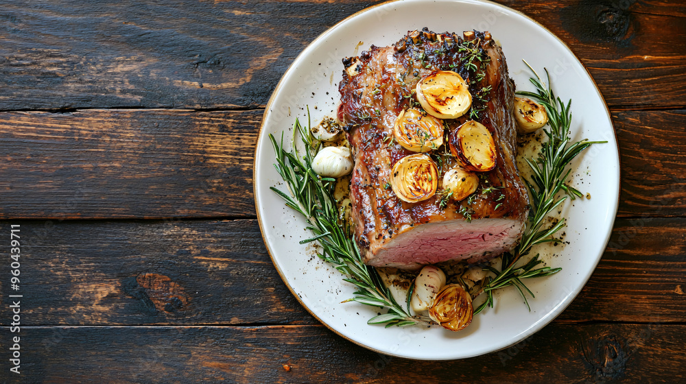 Savory medium roast beef with roasted garlic and rosemary served on a rustic wooden table Savory medium roast beef with roasted garlic and rosemary served on a rustic wooden table