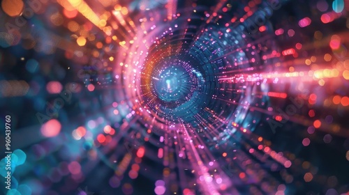 Colorful abstract visualization showcasing dynamic light trails and circular patterns, perfect for technology and digital themes.