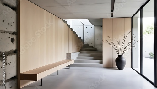 A minimalist entrance hall that embraces an industrial aesthetic with a touch of warmth