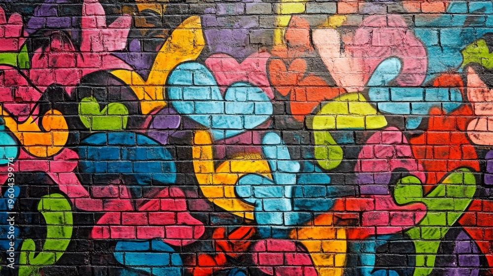 Fototapeta premium Vibrant graffiti decorates urban brick wall with colorful patterns and intricate detail