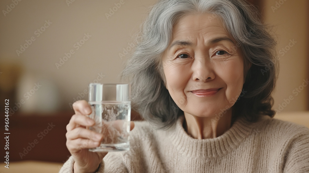 Create an image of an elderly Asian woman with gray hair, smiling gently while holding a clear glass of water. She should be dressed in a cozy, light-colored sweater, sitting in a softly lit room Create an image of an elderly Asian woman with gray hair, smiling gently while holding a clear glass of water. She should be dressed in a cozy, light-colored sweater, sitting in a softly lit room