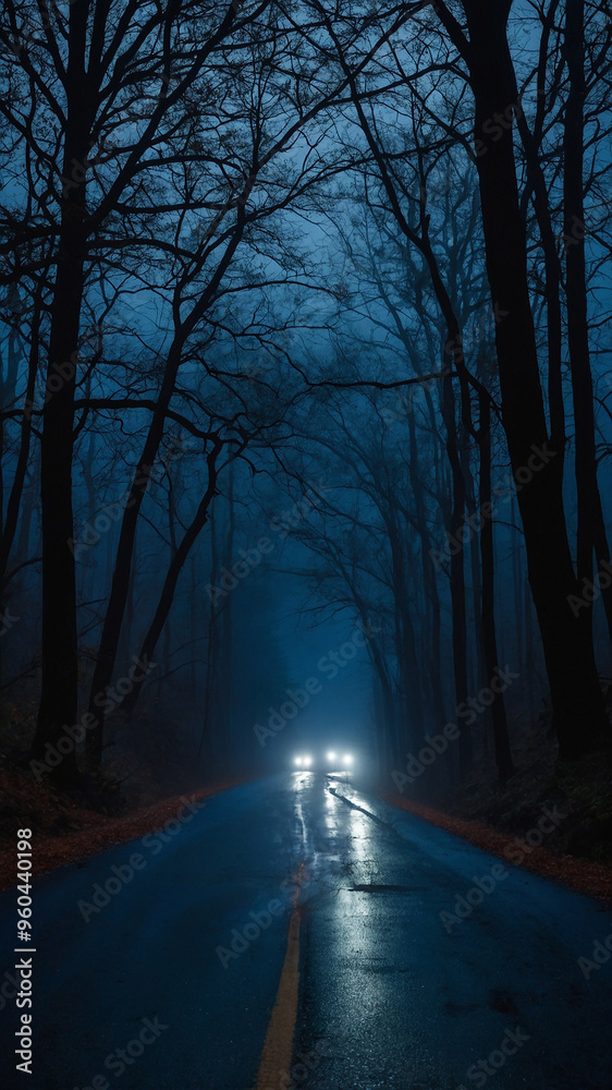 Obraz premium Car driving down a gloomy forest road at night with headlights glowing through the dark, misty atmosphere.
