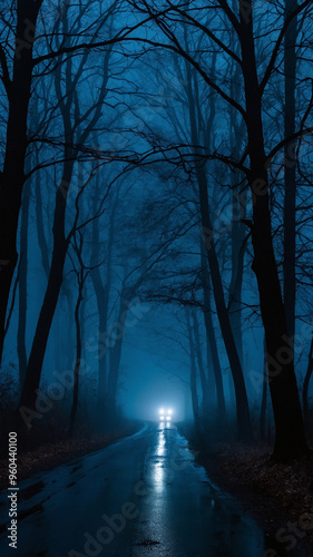 Car driving down a gloomy forest road at night with headlights glowing through the dark, misty atmosphere.