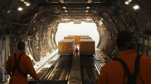 Cargo Plane Interior View of Freight Boxes and Crew photo