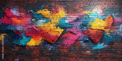 Vibrant and dynamic graffiti on a brick wall in an urban setting showcasing striking colors