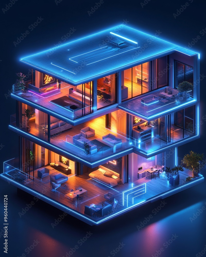 Cutaway view of a modern smart home showcasing WiFi coverage and connected devices Cutaway view of a modern smart home showcasing WiFi coverage and connected devices