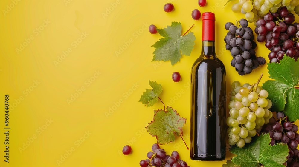 Fototapeta premium Fresh grape, grape wine bottle over texture background
