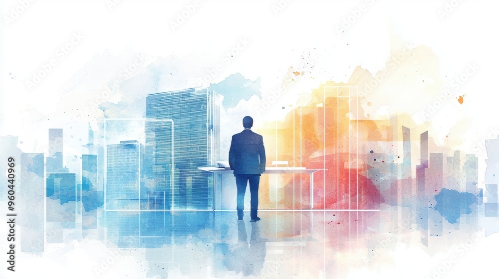 CEO in modern office, skyline in background, futuristic business environment, Watercolor style CEO in modern office, skyline in background, futuristic business environment, Watercolor style