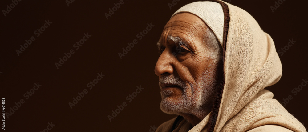 an elderly muslim man, brown background, ample space for text, Islamic banner concept
