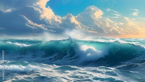 Majestic seascape featuring a powerful wave in the foreground under a vibrant sky adorned with fluffy clouds