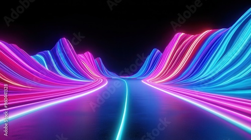 Vibrant neon waves illuminate a futuristic pathway, creating a stunning visual experience in a digital landscape.