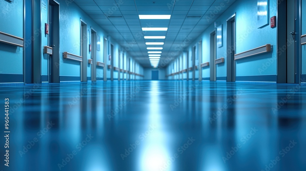 Quiet Hospital Corridor with Soft Illumination and Shiny Floors Quiet Hospital Corridor with Soft Illumination and Shiny Floors