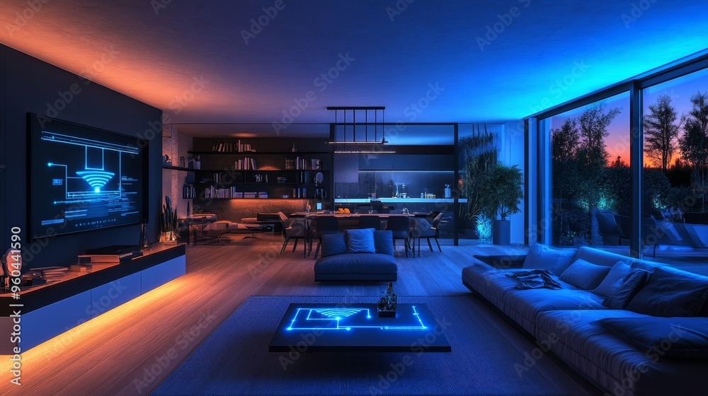 Futuristic smart home interior showcasing glowing WiFi network connections in a modern setting