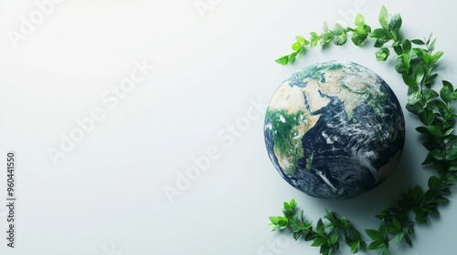 Celebrating Earth Day with a globe surrounded by green leaves on a clean white background