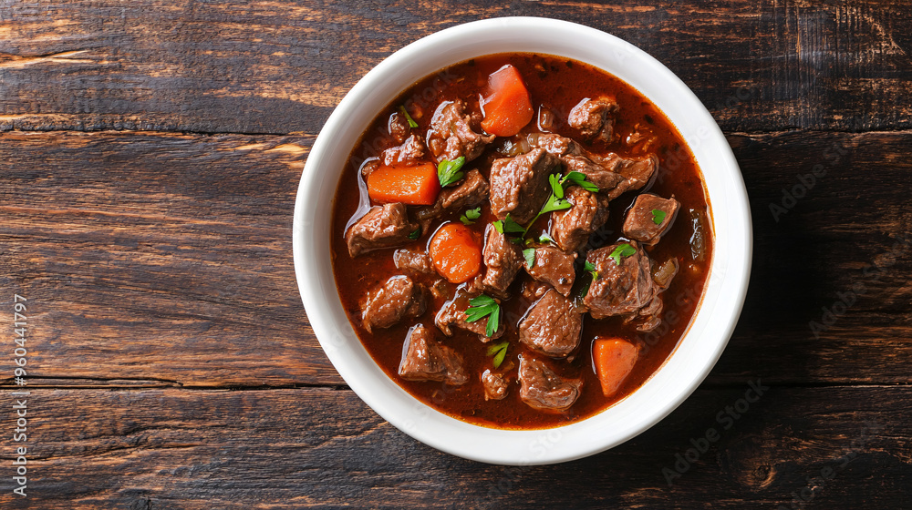 Warm and comforting beef stew with carrots and herbs is cooking on a rustic wooden table