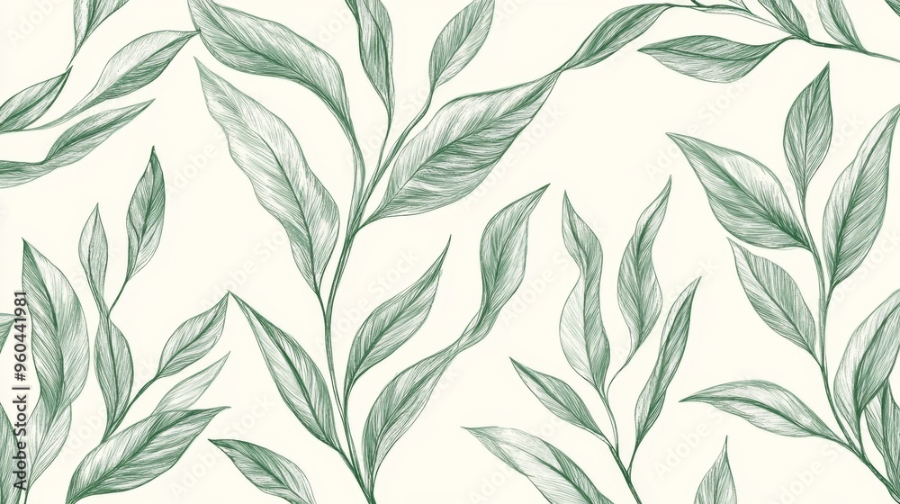 Hand-drawn green plant and leaf pattern in minimalist vintage botanical style for interior decor Hand-drawn green plant and leaf pattern in minimalist vintage botanical style for interior decor
