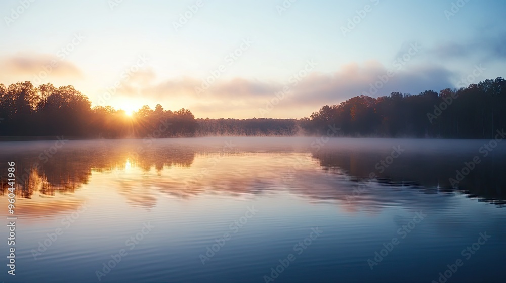 A serene sunrise over a calm lake with fog gently rising from the water's surface. A serene sunrise over a calm lake with fog gently rising from the water's surface.