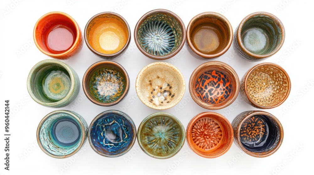 Hand-painted ceramic cups set with intricate designs from a bird's eye view Hand-painted ceramic cups set with intricate designs from a bird's eye view