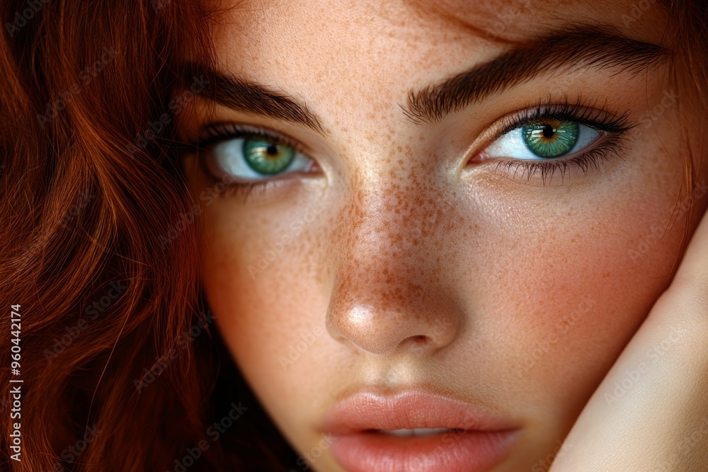 Fototapeta premium Girlâ€™s face, freckles, natural beauty adds a touch of charm and individuality
