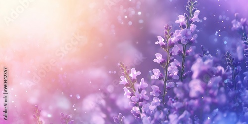 An abstract background featuring soft light, with snapdragon flowers in white and violet hues, creating a dreamy atmosphere with ample copy space