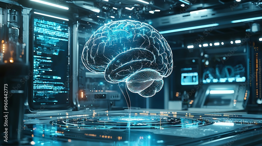 A glowing brain hologram lights up a technology lab, pulsing with data. A glowing brain hologram lights up a technology lab, pulsing with data.