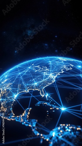 A stunning digital representation of Earth, showcasing global connectivity through bright network lines and vibrant illumination.