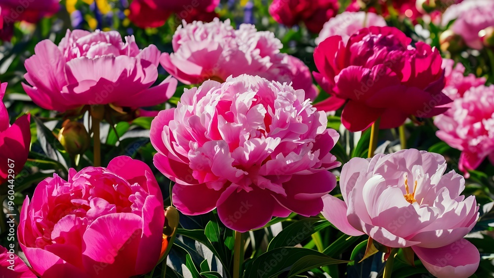 Garden of pink peonies in bloom Garden of pink peonies in bloom