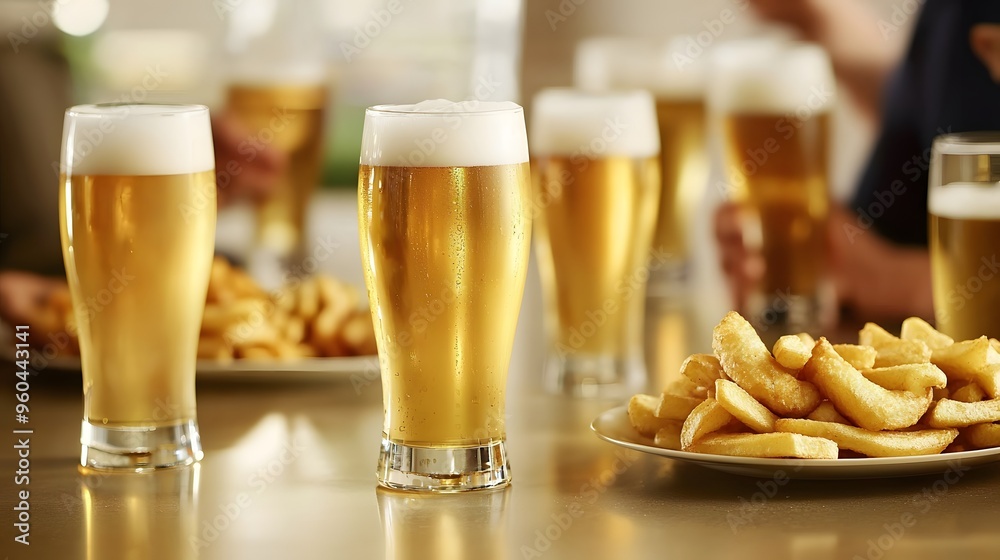 A traditional British pub with a bar filled with patrons enjoying pints of beer and plates of fish and chips. Copy space. A traditional British pub with a bar filled with patrons enjoying pints of beer and plates of fish and chips. Copy space.