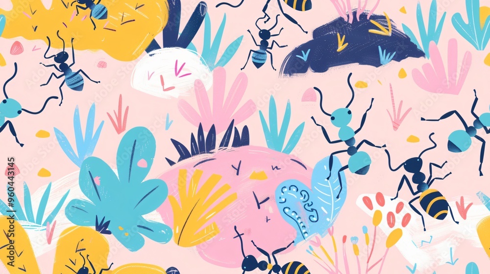 Naklejka premium Colorful ant pattern. A vibrant and colorful illustration of a pattern featuring ants and various floral elements, showcasing a cheerful and playful aesthetic.