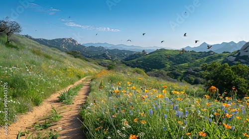 Serene Countryside Landscape. Rolling hills covered in wildflowers and a winding dirt path