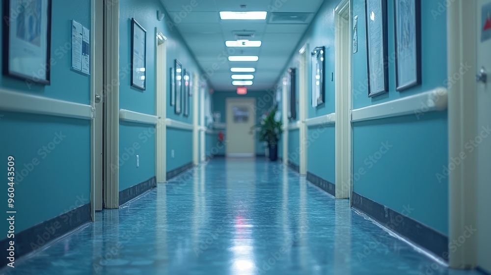 Modern Medical Clinic Diagnostic Area Hallway with Blurred Background of Equipment Modern Medical Clinic Diagnostic Area Hallway with Blurred Background of Equipment