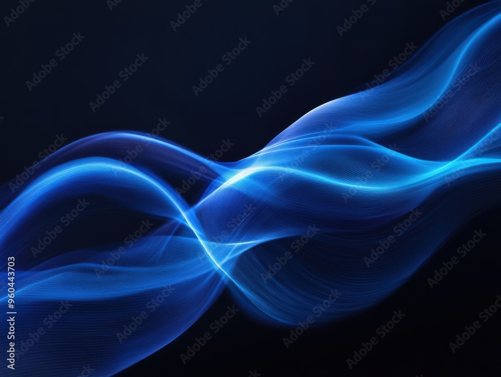 Flowing wave with smooth, transparent blue light beams on a dark background. Flowing wave with smooth, transparent blue light beams on a dark background.