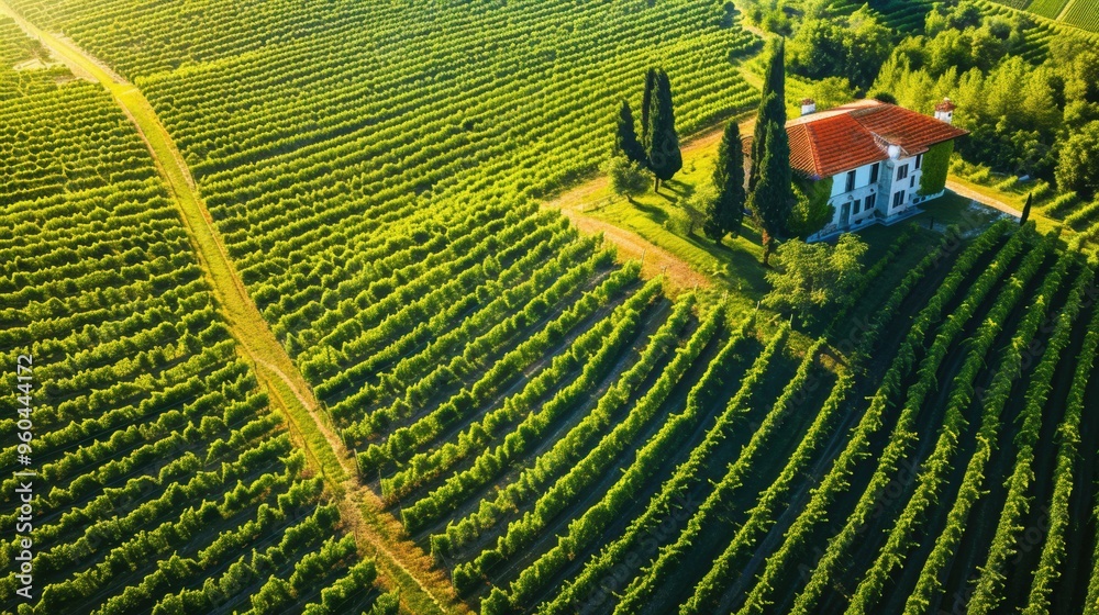 Fototapeta premium Beautiful landscape of grape plantation farm land winery