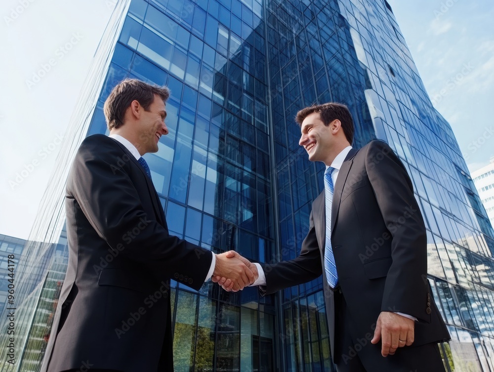 Businessmen shaking hands in front of an office building. Businessmen shaking hands in front of an office building.