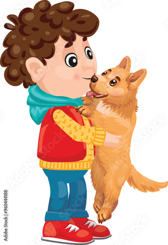 Young boy is embracing his puppy dog with happiness and love