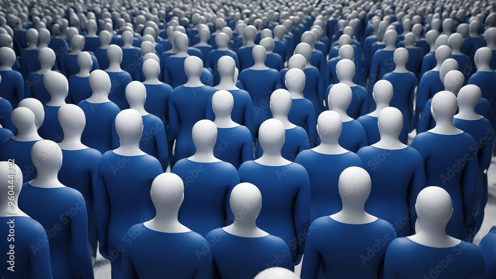 Fototapeta premium Numerous identical faceless blue and white mannequin figures arranged in a vast crowd formation.